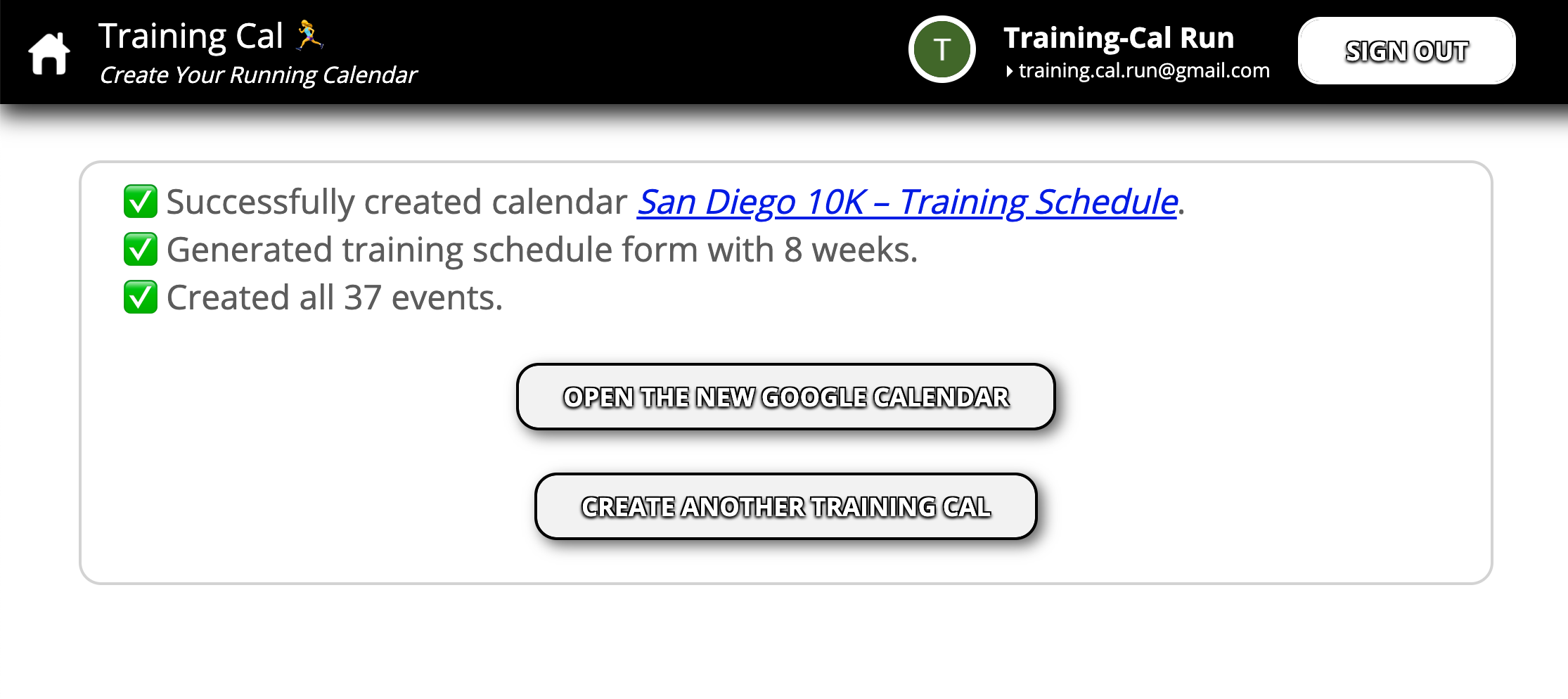 Screenshot of Training Cal – Creating Events Completed.