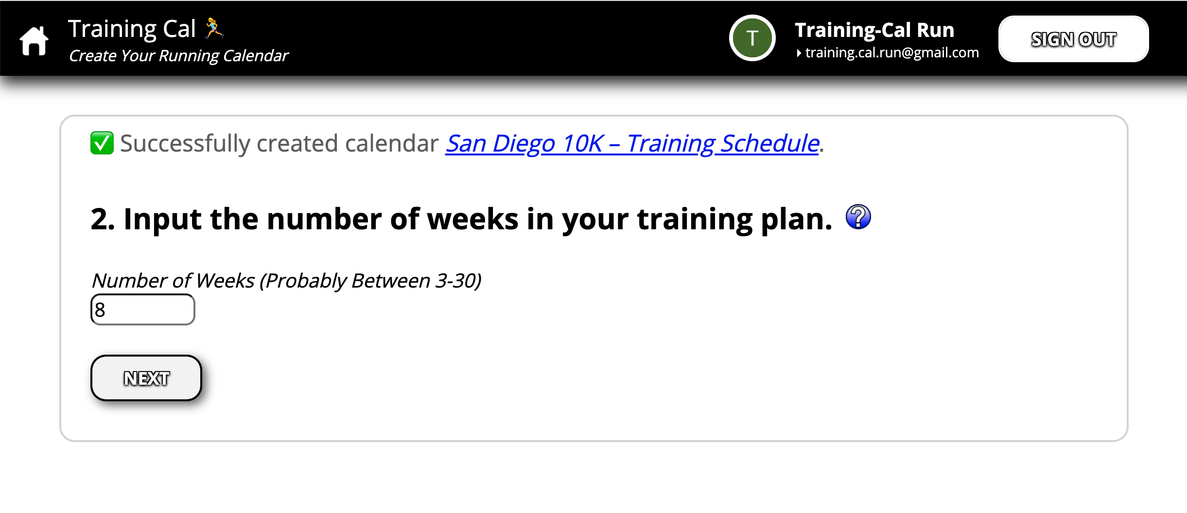 Screenshot of Training Cal - Input your Training Plan Length.