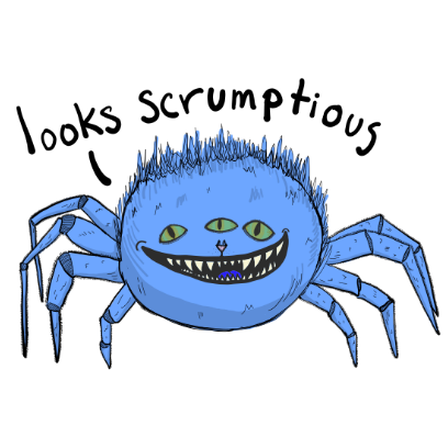 Monsta Monsta Sticker – Fuzzy Blue Spider Saying 'Scruptious'