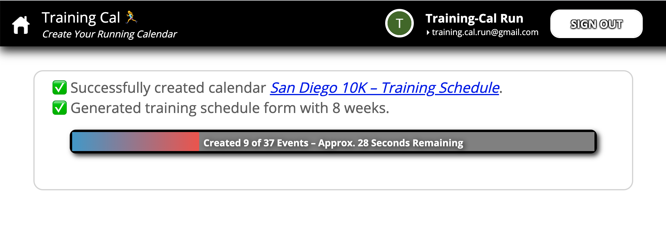 Screenshot of Training Cal – Creating Calendar Events.