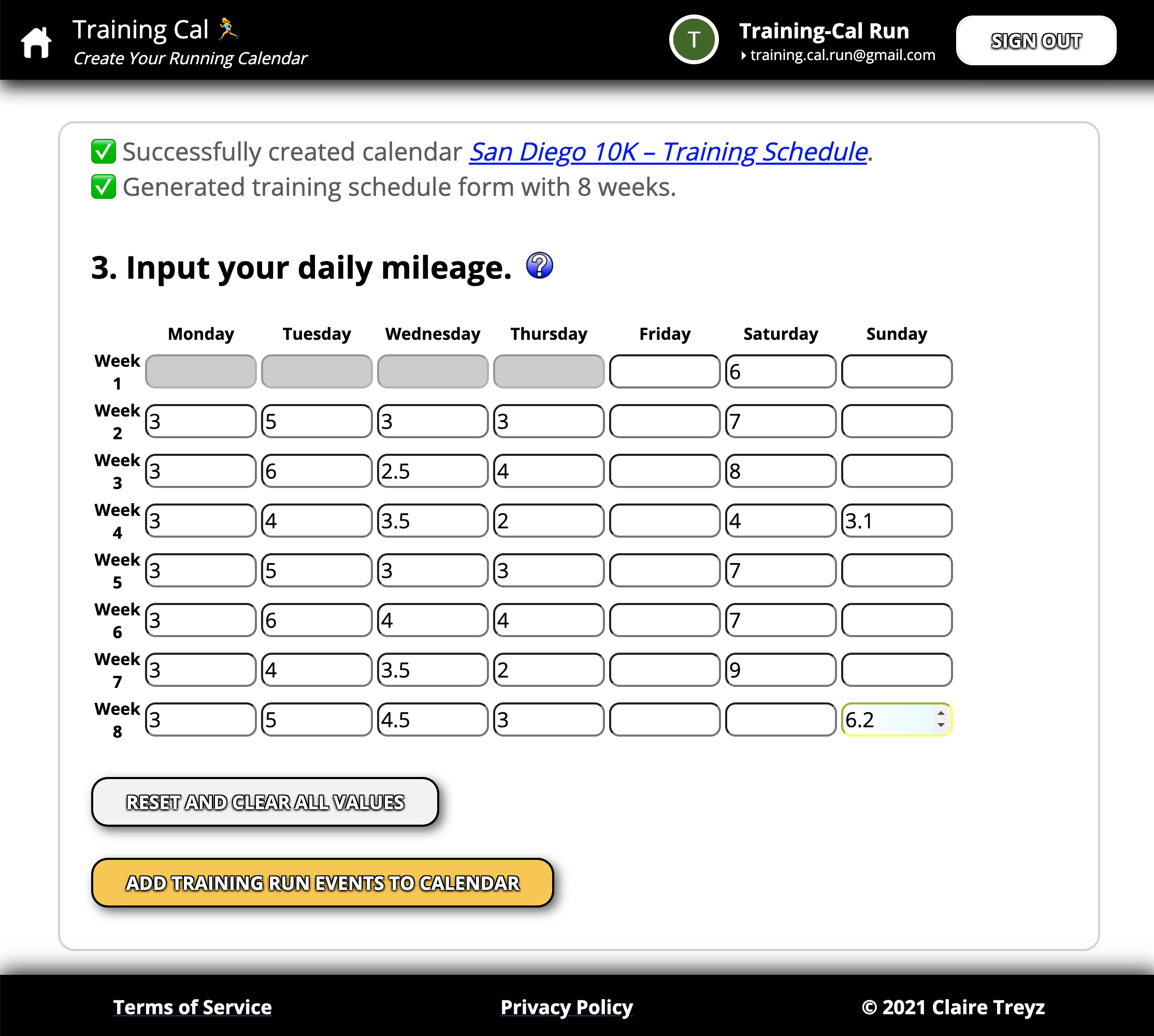 Screenshot of Training Cal – Input Daily Mileage.