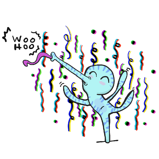 Monsta Monsta Sticker – Blue Figure Saying 'Woo Hoo' With Confetti